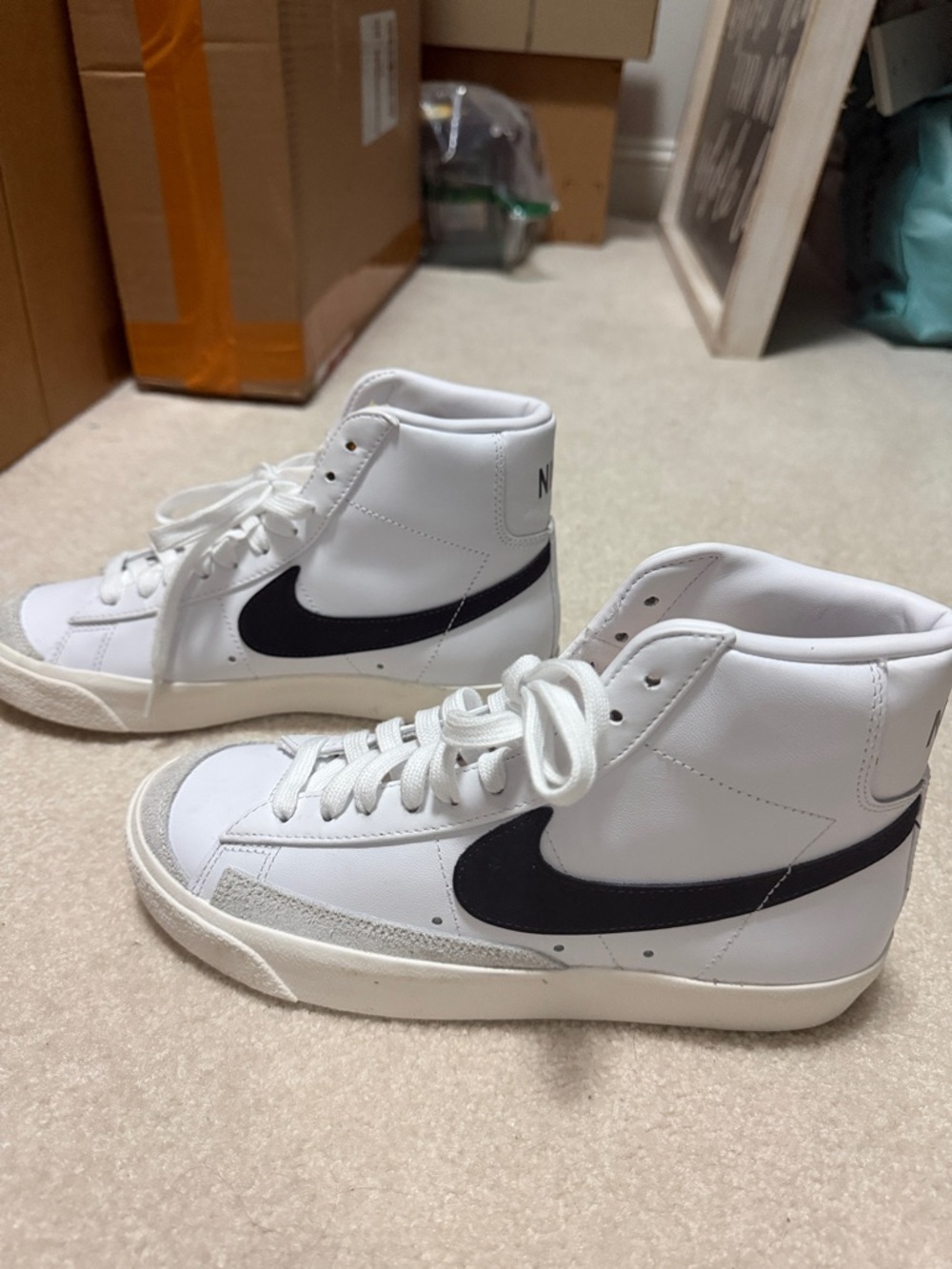 Nike Women’s White High-Top Sneakers with Black Swoosh (Blazer Style)